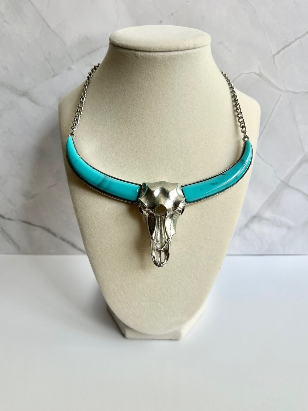 Turquoise Bull Skull Statement Necklace - Women's Jewelry - Picture 3 of 6